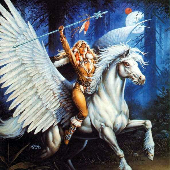 picture of a female warrior on a winged horse