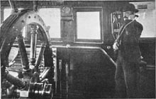 Demonstrating listening device, very similar to a telephone, used on board ships with submarine signaling apparatus.